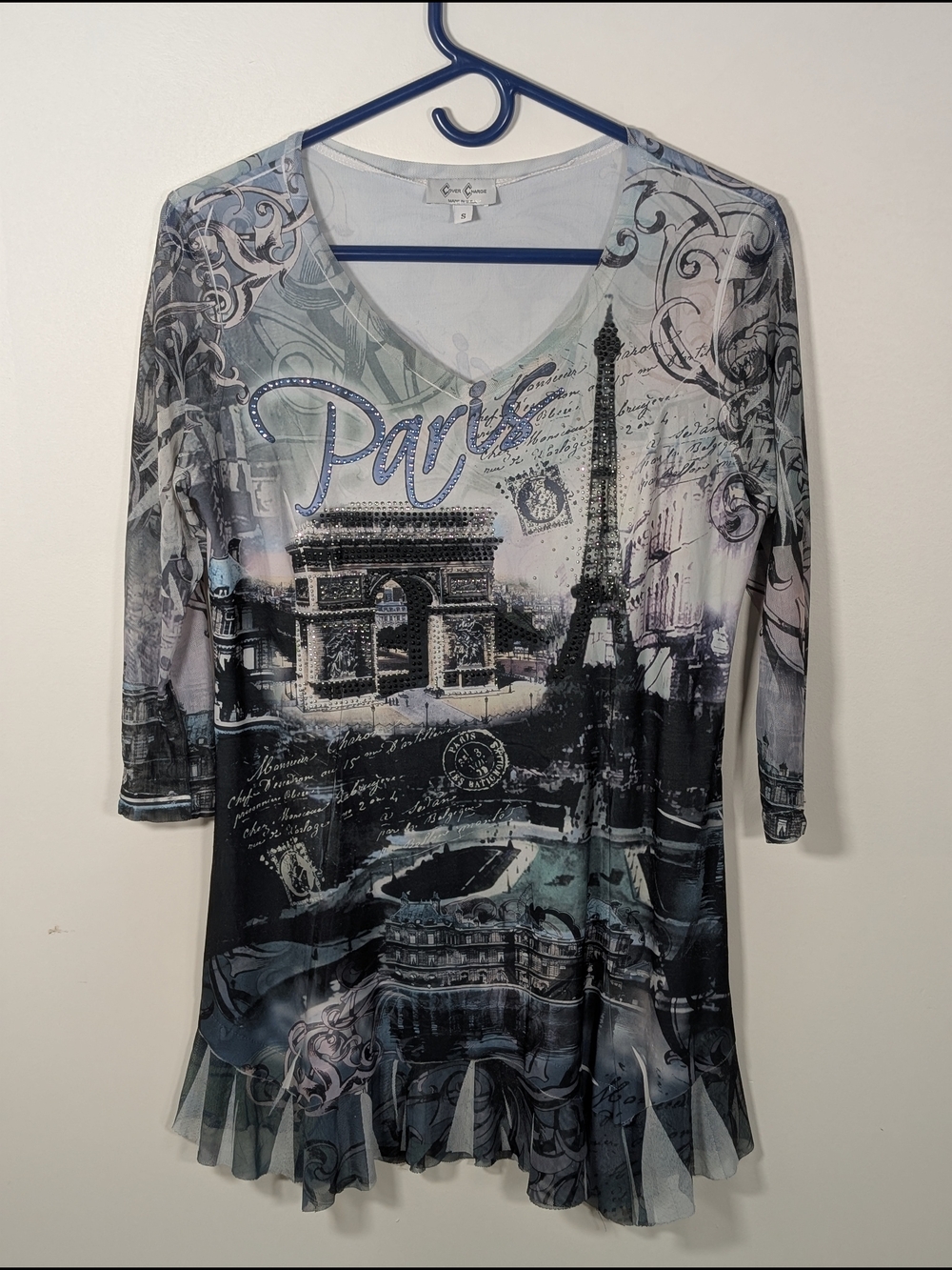 Cover Charge Paris Eiffel Tower Blue Black Rhinestone Mesh V-Neck 3/4 Tunic S